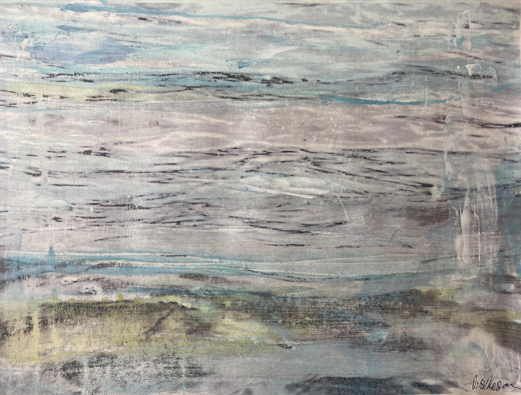 Mixed Media Abstract Seascape Overpainted Photograph - Blue, Grey and Yellow